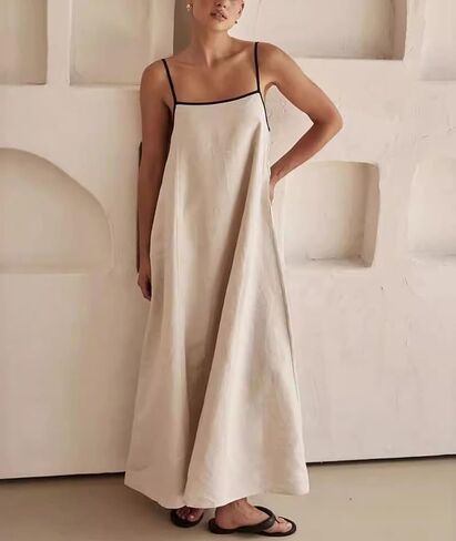 SOMTHRON Women's Summer Linen Maxi Dress Spaghetti Strap Sleeveless Backless Contrast Party Beach Dresses in Saudi Arabia