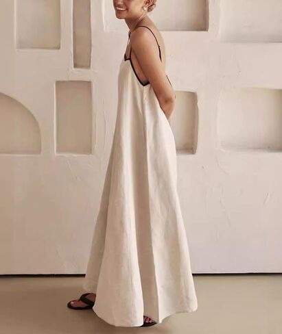 SOMTHRON Women's Summer Linen Maxi Dress Spaghetti Strap Sleeveless Backless Contrast Party Beach Dresses in Saudi Arabia
