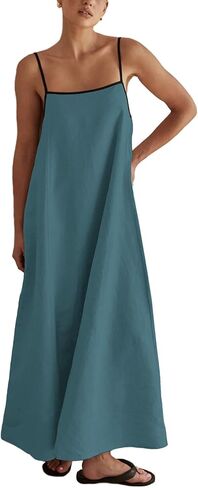 SOMTHRON Women's Summer Linen Maxi Dress Spaghetti Strap Sleeveless Backless Contrast Party Beach Dresses in Saudi Arabia