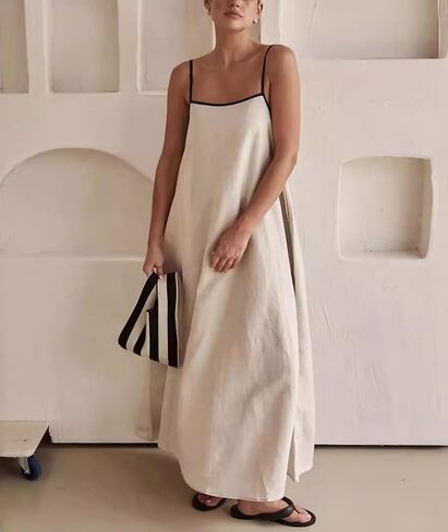 SOMTHRON Women's Summer Linen Maxi Dress Spaghetti Strap Sleeveless Backless Contrast Party Beach Dresses in Saudi Arabia