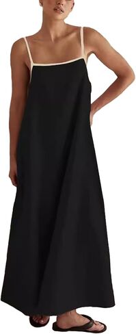SOMTHRON Women's Summer Linen Maxi Dress Spaghetti Strap Sleeveless Backless Contrast Party Beach Dresses in Saudi Arabia