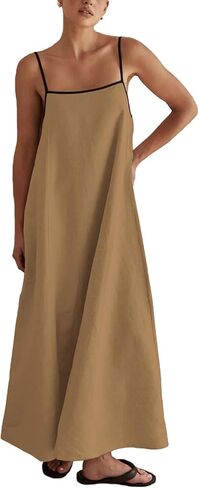 SOMTHRON Women's Summer Linen Maxi Dress Spaghetti Strap Sleeveless Backless Contrast Party Beach Dresses in Saudi Arabia