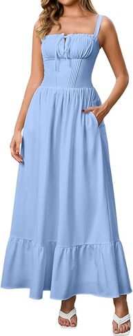 مشد فستان ماكسي بأربطة وانسيابية على شكل حرف A للنساء فستان الشمس مع جيوب in Kuwait