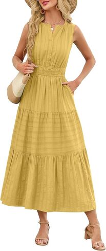 Funlingo Summer Maxi Dresses for Women Casual Sleeveless V Neck Elastic Waist Midi Wedding Guest Beach Dress with Pockets in Kuwait