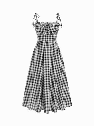 CIDER Women's Gingham Maxi Dresses Bow Tie Square Neck Plaid Milkmaid Dress with Pockets Summer Long Dress Vacation Outfits in Saudi Arabia