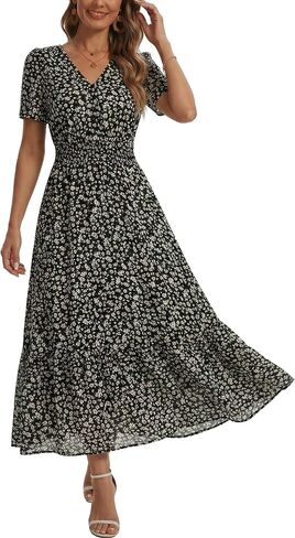 2026 Women's Floral Maxi Dresses Casual Summer V Neck Button Front A Line Boho Dress Short Sleeve Ruffle Beach Party Outfits in Saudi Arabia