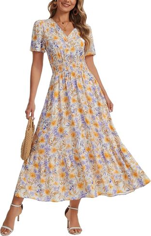 2026 Women's Floral Maxi Dresses Casual Summer V Neck Button Front A Line Boho Dress Short Sleeve Ruffle Beach Party Outfits in Saudi Arabia