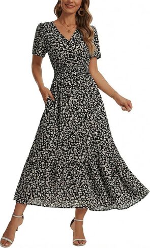 2026 Women's Floral Maxi Dresses Casual Summer V Neck Button Front A Line Boho Dress Short Sleeve Ruffle Beach Party Outfits in Saudi Arabia