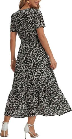 2026 Women's Floral Maxi Dresses Casual Summer V Neck Button Front A Line Boho Dress Short Sleeve Ruffle Beach Party Outfits in Saudi Arabia