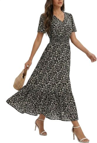 2026 Women's Floral Maxi Dresses Casual Summer V Neck Button Front A Line Boho Dress Short Sleeve Ruffle Beach Party Outfits in Saudi Arabia