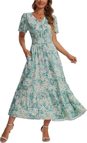 2026 Women's Floral Maxi Dresses Casual Summer V Neck Button Front A Line Boho Dress Short Sleeve Ruffle Beach Party Outfits in Saudi Arabia