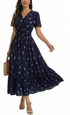 2026 Women's Floral Maxi Dresses Casual Summer V Neck Button Front A Line Boho Dress Short Sleeve Ruffle Beach Party Outfits in Saudi Arabia