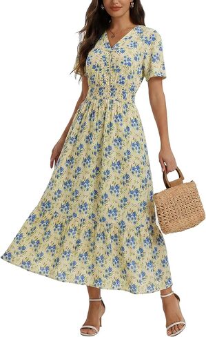 2026 Women's Floral Maxi Dresses Casual Summer V Neck Button Front A Line Boho Dress Short Sleeve Ruffle Beach Party Outfits in Saudi Arabia