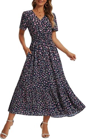 2026 Women's Floral Maxi Dresses Casual Summer V Neck Button Front A Line Boho Dress Short Sleeve Ruffle Beach Party Outfits in Saudi Arabia