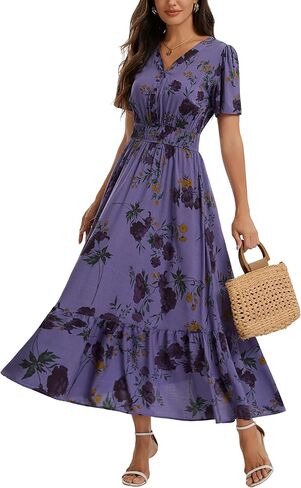 2026 Women's Floral Maxi Dresses Casual Summer V Neck Button Front A Line Boho Dress Short Sleeve Ruffle Beach Party Outfits in Saudi Arabia