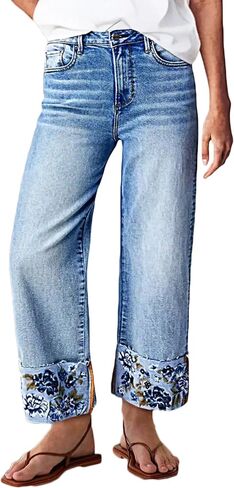 بنطال جينز مطرز للنساء بأرجل مستقيمة وأكمام قصيرة كابري من قماش الدنيم قابل للتمدد عصري in Kuwait