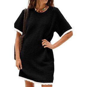 فستان Huaqiao نسائي قصير الأكمام منسوج من الكروشيه، فستان قصير برقبة دائرية، بلوفر للشاطئ، غطاء للسباحة in Kuwait