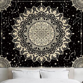 أفينيل بوهو الأسود ماندالا نسيج الجدار شنقا لغرفة النوم، خمر المفروشات السقف الهندي البوهيمي، علم التنجيم كوكبة الفضاء ديكور الحائط لغرفة المعيشة 60in × 51in in Kuwait