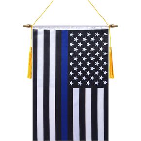 18 × 12 بوصة الولايات المتحدة الأمريكية رقيقة الخط الأزرق راية الجدار العلم، عمود معلق خشبي ولمسة نهائية مزدوجة من الساتان، علم معلق للشرطة، لغرفة المنزل، والفصول المدرسية، والنادي والباب in Kuwait