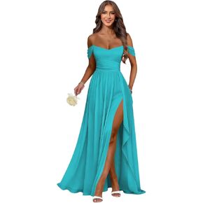 MCieloLuna Women's Off Shoulder Bridesmaid Dresses with Slit Chiffon Ruffles Formal Evening Gown MCLF001 in Kuwait