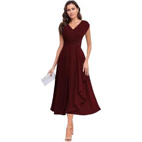 Tea Length Mother of The Bride Dress for Women V Neck Chiffon Ruched Formal Prom Dresses for Wedding A Line in Saudi Arabia