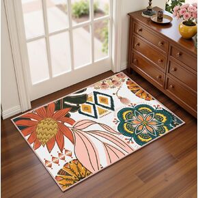 Black Boho Floral Living Room Rug, Ultra Thin 5x7 Rug Machine Washable Botanical Area Rugs Non Slip Low Pile Mid Century Modern Carpet for Bedroom, Dining Room, Office in Kuwait