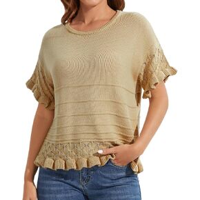 المرأة قصيرة الأكمام متماسكة سترة أعلى كشكش العيينة Pointelle تريكو Crewneck عارضة الصيف السترة القميص in Kuwait