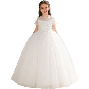 فستان بناتي من ABAO SISTER من التول الأبيض مطرز بالدانتيل على شكل زهرة فستان رسمي لحفلات الزفاف أنيق للأميرة in Kuwait