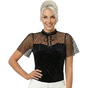 Colette Blouse, Black Velvet with Polka Dot Tulle, Vintage-Inspired Stand-Up Collar with Bow, Flutter Sleeves in Saudi Arabia
