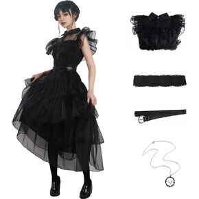Women Vintage Goth Black Dress Costume Gothic Cosplay Girl Dance Tulle Lace Skirt Halloween Party Outfit with Necklace in Kuwait