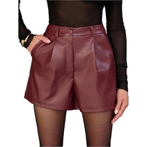 GORGLITTER Women's Leather Shorts Pleated High Waisted Wide Leg Dressy Business Casual Shorts with Pockets in Kuwait