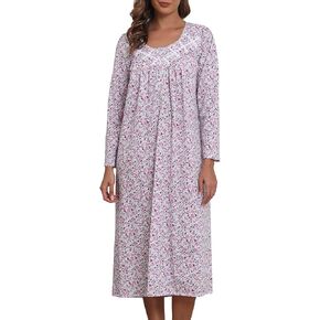 Women's Long Sleeve Nightgowns 100% Cotton Nightgowns Sleep Dress Long Ladies Night Gowns Victorian Nightdress Sleepwear Pink Rose Floral L in Kuwait