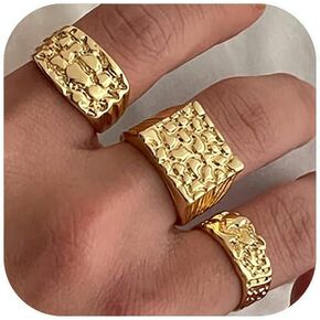 3Pcs Gold Chunky Rings for Men Punk Stackable Finger Knuckle Rings Set Hip Hop Harmmered Texture Statement Trendy Simple Jewelry in Kuwait