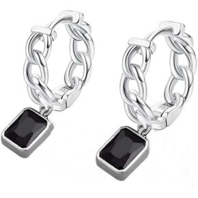 Mens Hoop Earrings 925 Sterling Silver Curb Chain Huggie Earrings for Men Teens Punk Black CZ Dangle Earring Gift for Him Unisex Jewelry in Saudi Arabia