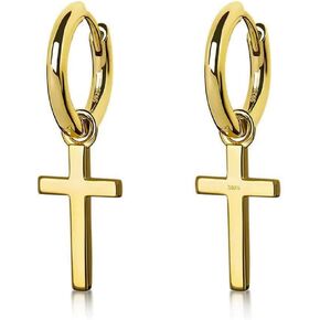 Solid Yellow Gold Plated 925 Sterling Silver Drop Dangle Cross Huggie Hoop Earrings Trendy Hypoallergenic Lightweight.15mm Huggie Hoops Dangling Cross Earrings for Men in Kuwait