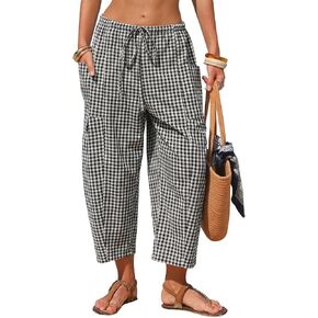 EXLURA Womens Cotton Faux Linen Gingham Barrel Capri Pants Plaid Palazzo Trousers Harem Pants Pockets Summer Beach Vacation in Kuwait
