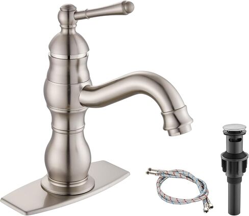 Bathroom Sink Faucet Single Hole 1 Handle Deck Mount Single Handle Brass Bathroom Sink Faucet Farmhouse Mixer Tap with Drain,‎Short-Spout Reach 7.09 Inch,Antique Brass in Kuwait