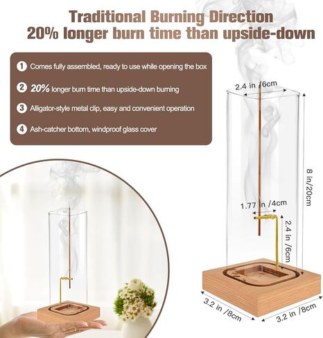 Incense Holder for Sticks: Incense-Stick Holder with Natural Wood Base - Top Side Burning Design Extends More Time -Removable Ash Collection Glass - Installation-Free - for Yoga Home Decor in Saudi Arabia