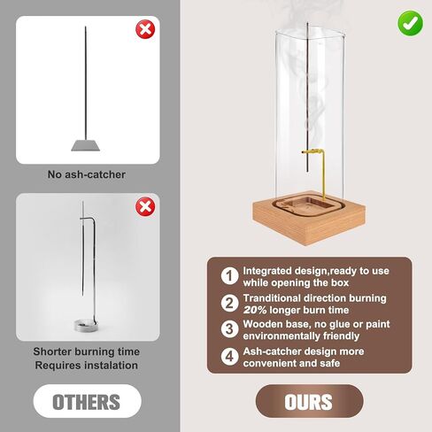 Incense Holder for Sticks: Incense-Stick Holder with Natural Wood Base - Top Side Burning Design Extends More Time -Removable Ash Collection Glass - Installation-Free - for Yoga Home Decor in Saudi Arabia