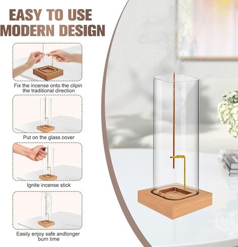 Incense Holder for Sticks: Incense-Stick Holder with Natural Wood Base - Top Side Burning Design Extends More Time -Removable Ash Collection Glass - Installation-Free - for Yoga Home Decor in Saudi Arabia