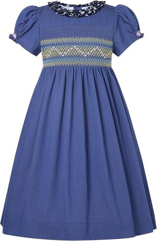 Little Girls Blue Summer Embroidery Smocked Clothing Toddler Lovely Midi Dress Size 3 4 5 6 8 10 12 14 in Saudi Arabia