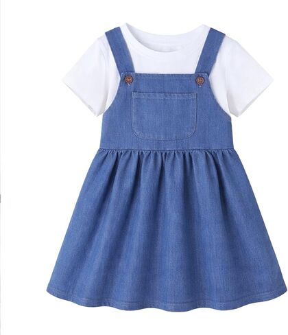 HILEELANG Girls Dress Set 2pc Pinafore Suspender Dress Outfit with Cotton Tees Summer Casual Play Dress 2–8T in Saudi Arabia