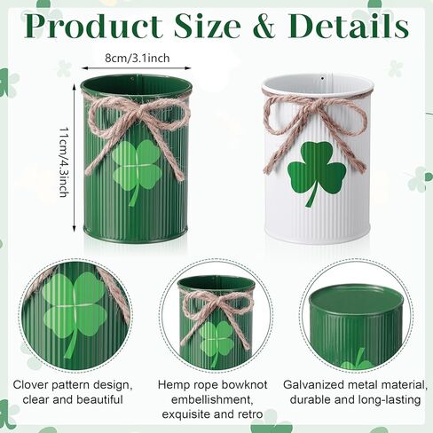 Remerry 3 Pcs St. Patrick's Day Vase Centerpiece, 3.1x4.3 Inches St. Patrick's Day Vase Bow Flower Bucket Shamrock Floral Picks Green Metal Bucket Decor for Table, Galvanized Buckets in Saudi Arabia