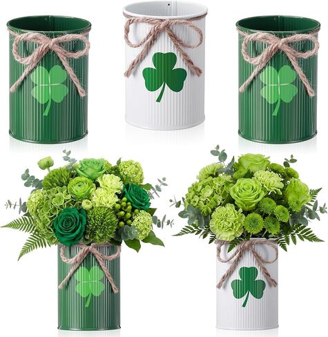 Remerry 3 Pcs St. Patrick's Day Vase Centerpiece, 3.1x4.3 Inches St. Patrick's Day Vase Bow Flower Bucket Shamrock Floral Picks Green Metal Bucket Decor for Table, Galvanized Buckets in Saudi Arabia