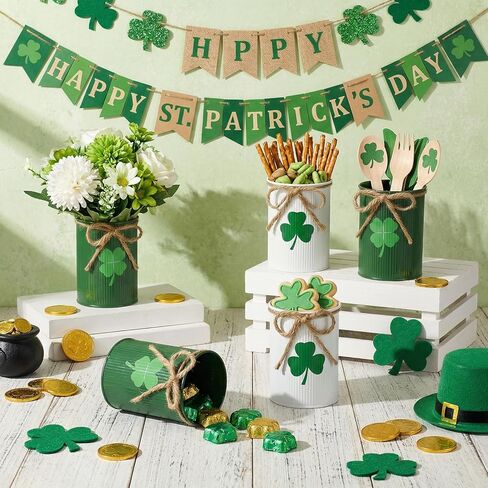 Remerry 3 Pcs St. Patrick's Day Vase Centerpiece, 3.1x4.3 Inches St. Patrick's Day Vase Bow Flower Bucket Shamrock Floral Picks Green Metal Bucket Decor for Table, Galvanized Buckets in Saudi Arabia