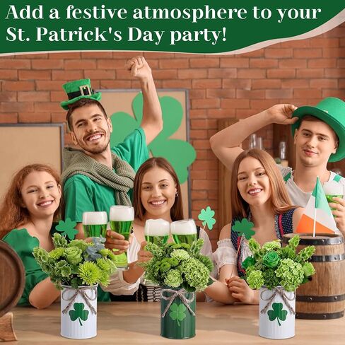 Remerry 3 Pcs St. Patrick's Day Vase Centerpiece, 3.1x4.3 Inches St. Patrick's Day Vase Bow Flower Bucket Shamrock Floral Picks Green Metal Bucket Decor for Table, Galvanized Buckets in Saudi Arabia