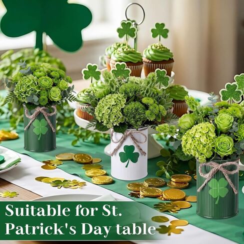 Remerry 3 Pcs St. Patrick's Day Vase Centerpiece, 3.1x4.3 Inches St. Patrick's Day Vase Bow Flower Bucket Shamrock Floral Picks Green Metal Bucket Decor for Table, Galvanized Buckets in Saudi Arabia