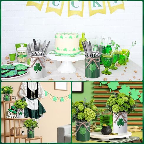 Remerry 3 Pcs St. Patrick's Day Vase Centerpiece, 3.1x4.3 Inches St. Patrick's Day Vase Bow Flower Bucket Shamrock Floral Picks Green Metal Bucket Decor for Table, Galvanized Buckets in Saudi Arabia