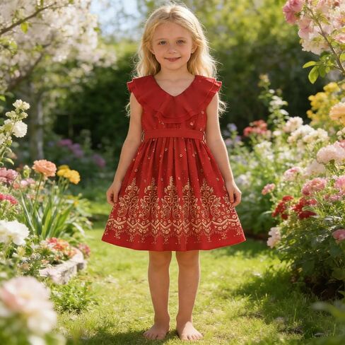 Toddler Girls Dresses Ruffle Neck Sleeveless Floral Print Dress Bow Front A-Line Party Dress in Saudi Arabia