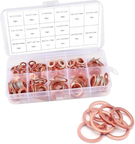 200 PCS Copper Washers, M5 M6 M8 M10 M12 M14 Crushed Leak-proof Sealing Flated Gaskets Assortment Set, High Temperature Resistance Oil Pan Plug Sealing Gaskets, for Most Cars Trucks (Gold) in Kuwait